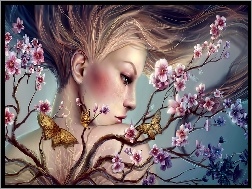 Motyle, Kobieta, Fantasy, Kwiaty