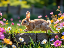 Królik, Kolorowe, Kwiaty, Murek