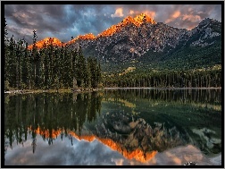 Park Narodowy Jasper, Drzewa, Odbicie, Góry, Kanada, Jezioro