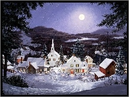Narodzenie, Noc, Księżyc, Śnieg, Boże, Domki