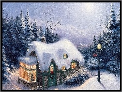 Boże Narodzenie, Ośnieżone, Drzewa, Dom, Zima, Latarnia