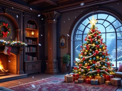 Prezenty, Kominek, Boże Narodzenie, Regał, Wieniec, Okno, Udekorowana, Zima, Choinka, Salon, Książki, AI