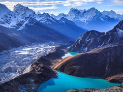Park Narodowy Sagarmatha, Nepal, Ośnieżone, Himalaje, Jezioro Gokyo, Góry, Niebo, Lodowiec Ngozumpa, Śnieg