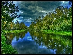 Niebo, Drzewa, Jezioro, Zachmurzone