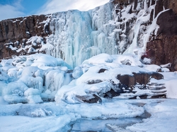 Śnieg, Zima, Wodospad Oksararfoss, Islandia, Lód