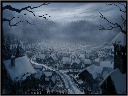 Malarstwo, Śnieg, Mgła, Wioska, Andreas Rocha, Zima