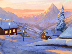 Droga, Góry, Ośnieżone, Świerki, Grafika Paintography, Domy, Zima, Śnieg