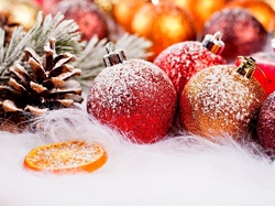 Śnieg, Narodzenie, Pomarańcza, Szyszka, Bombki, Boże, Plasterek