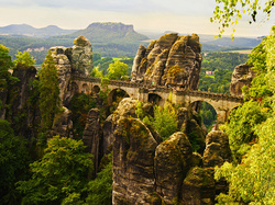 Niemcy, Formacja skalna Bastei, Góry Połabskie, Most, Drzewa, Park Narodowy Saskiej Szwajcarii, Skały