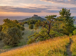 Trawa, Góry, Zamek Hohenzollern, Drzewa, Góra Hohenzollern, Niemcy