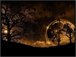 Nietoperze, Księżyc, Cmentarz, Noc, Drzewa