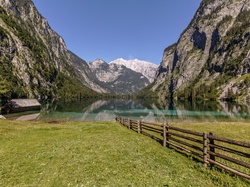Płot, Bawaria, Łąka, Jezioro Königssee, Park Narodowy Berchtesgaden, Niemcy, Alpy Bawarskie