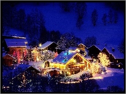 Noc, Domy, Oświetlone, Zima, Boże Narodzenie