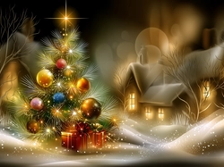 Noc, Domy, Prezenty, Boże Narodzenie, Grafika AI, Bombki, Choinka, Śnieg