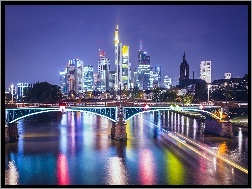 Noc, Kolorowe, Światła, Most, Frankfurt, Rzeka
