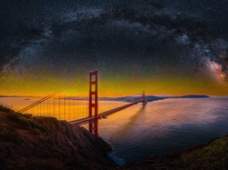 Noc, Stan Kalifornia, Skały, Most, Gwiazdy, Droga Mleczna, Golden Gate Bridge, Stany Zjednoczone, Cieśnina Golden Gate