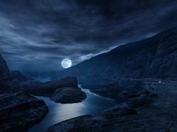 Noc, Rzeka, Góry, Księżyc