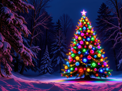 Noc, AI, Choinka, Ośnieżone, Drzewa, Bombki, Boże Narodzenie, Las, Zima