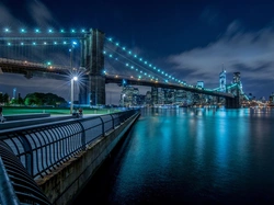 Most, Noc, Nowy Jork, Wieżowce, Oświetlony, Brooklyn