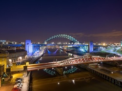 Miasto nocą, Tyne, Rzeka, Mosty, Wielka Brytania