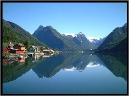 Norwegia, Domy, Góry, Jezioro, Odbicie