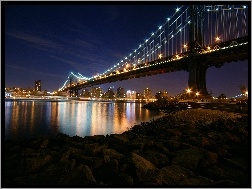 Nowy York, Noc, Most, Manhattan Bridge