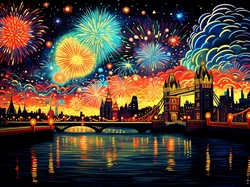 Londyn, Rzeka, Anglia, Domy, Oświetlenie, Fajerwerki, Nowy Rok, Most, Kolorowe, Grafika
