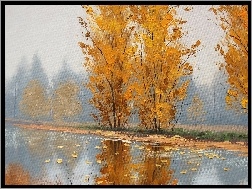 Obraz, Drzewa, Rzeka, Jesień, Farba
