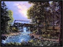 Obraz, Most, Pociąg, Rzeka