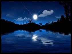 Odbicie, Księżyc, Jezioro, Noc, Gwiazdy