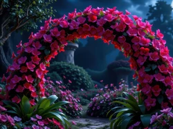 Drzewo, Kwiaty, Czerwone, Ogród, Kwiatowy, Łuk, Noc