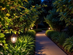 Latarnie, Ogród, Drzewa, Chodnik, Rośliny