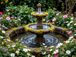 Fontanna, Kolorowe, Kwiaty, Ogród