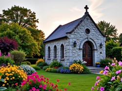 Drzewa, Kaplica, Kwiaty, Ogród, Kościół, Grafika AI