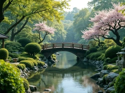 Drzewa, Ogród, Rzeka, Krzewy, Mostek