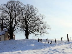Ogrodzenie, Kościół, Śnieg, Drzewa