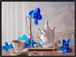 Orchidee, Dzbanek, Filiżanka, Porcelana, Niebieskie
