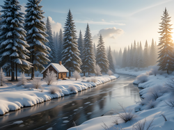 Ośnieżone, Dom, Drzewa, Zima, Promienie słońca, Krzewy, Rzeka, Las