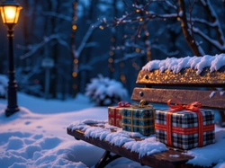 Drzewa, Park, Ławka, Zima, Latarnia, Prezenty, Noc, Ośnieżone