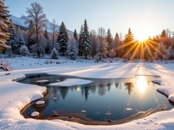 Promienie słońca, Zima, Ośnieżone, Drzewa, Śnieg, Jezioro