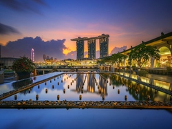Hotel, Oświetlenie, Woda, Marina Bay Sands, Singapur, Noc