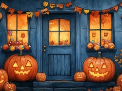 Halloween, Dynie, Dom, Oświetlony