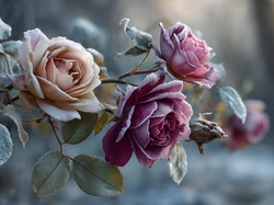 Róże, Oszronione, Kwiaty, Grafika AI