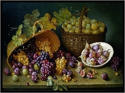 Śliwki, Kosze, Winogrona, Owoce, Stół