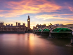 Anglia, Tamiza, Wielka Brytania, Rzeka, Wieża Zegarowa, Pałac Westminsterski, Zachód słońca, Most, Big Ben, Londyn
