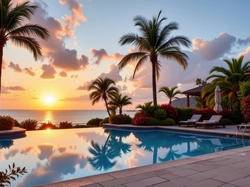 Zachód słońca, Basen, Palmy, Grafika AI, Morze