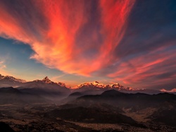 Panorama, Góry, Tybet, Zachód Slońca
