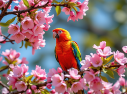 Kolorowa, Papuga, Kwiaty, Drzewo owocowe