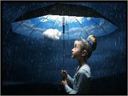 Parasol, Obłoki, Dziewczynka, Deszcz