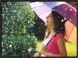 Parasol, Deszcz, Kobieta, Radosna, Kolorowa